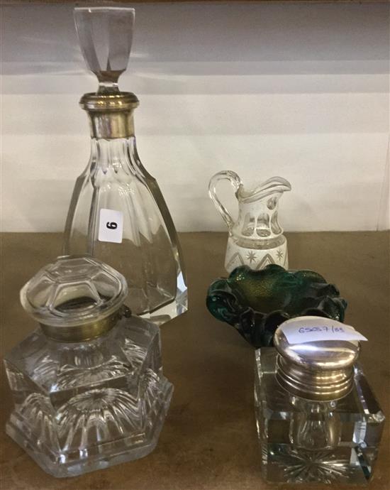 2 glass inkwells, decanter etc